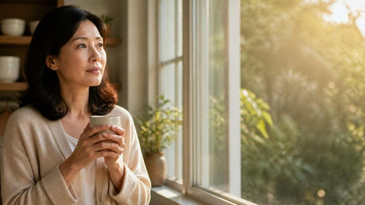 Malaysian woman in her 40s at a kitchen window holding a warm mug - perimenopause awareness