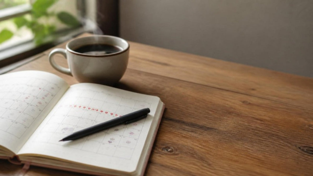 Period tracking notebook with coffee on wooden table - irregular periods causes